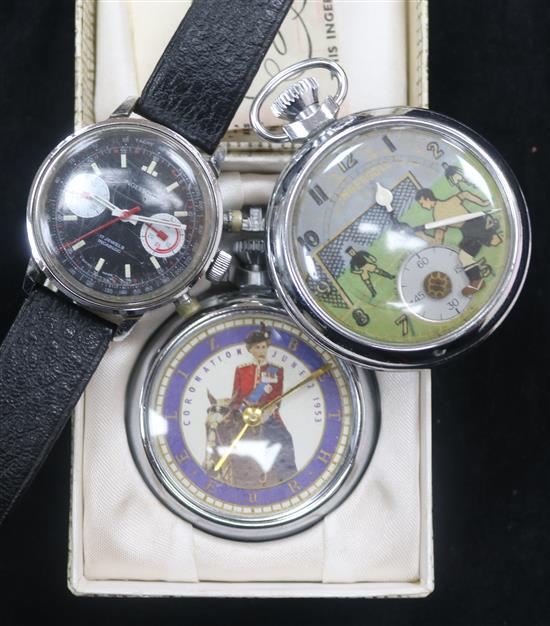 An Ingersoll QEII 1953 Coronation pocket watch, a football watch and a wrist watch